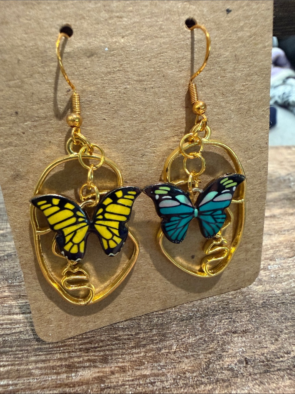 Gold Butterfly Drop Earrings with Yellow and Teal Wings - Fashion Jewelry
